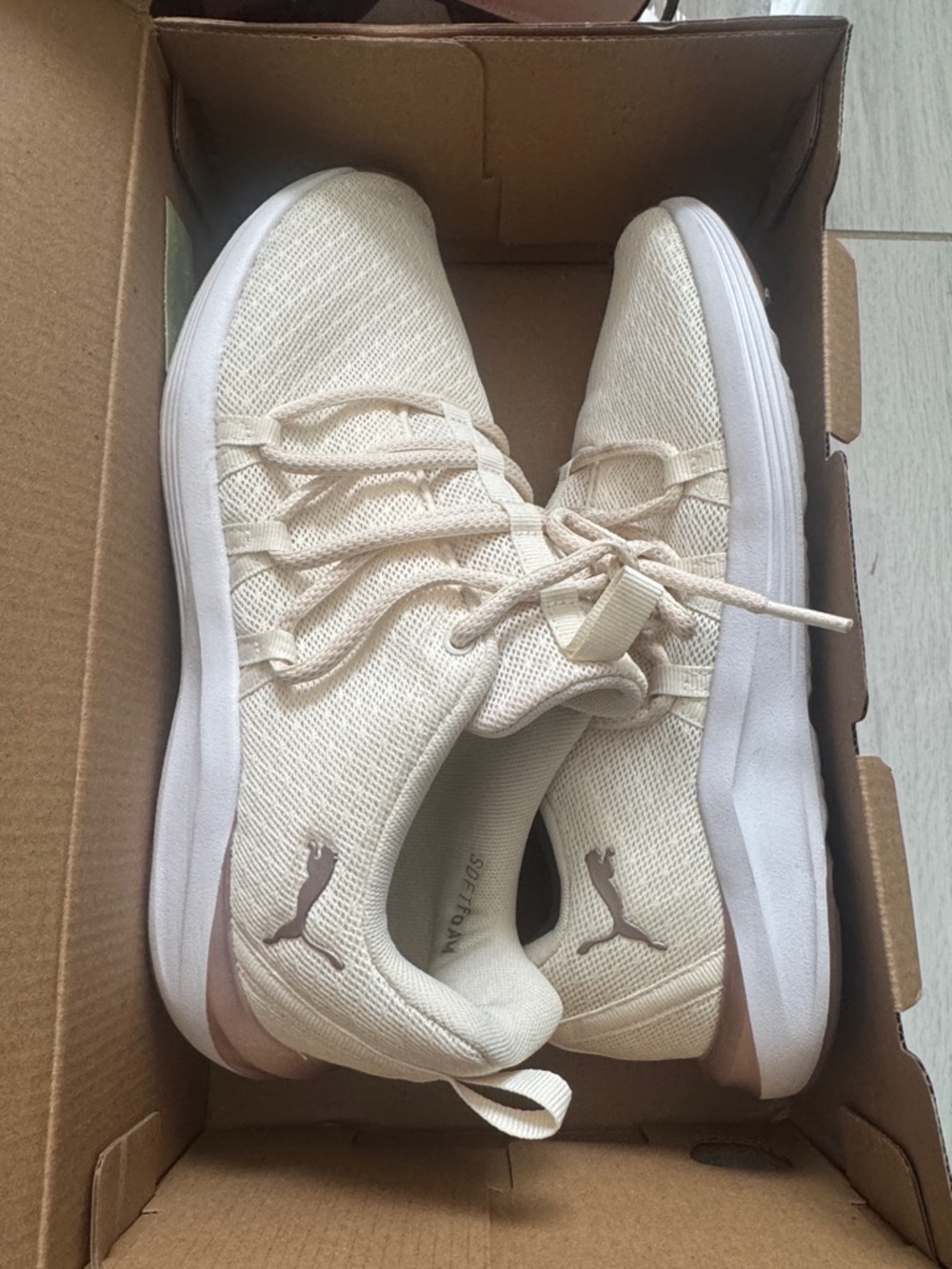 Puma Cream Knit Lace-Up Sneakers with Subtle Taupe Logo